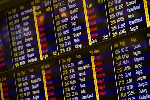 Close-up of digital flight information board showing arrivals and departures at an airport.